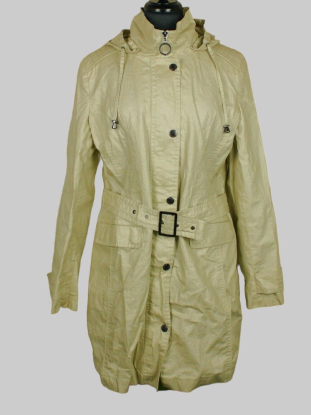 Bianca Nygard Linen Hooded Trench Jacket M Cream Belted Zip Pockets Detachable